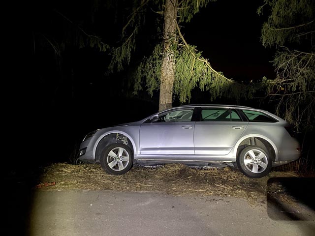 Der Fahrer dieses Personenwagens verursachte unter Alkoholeinfluss einen Selbstunfall. Foto: Polizei