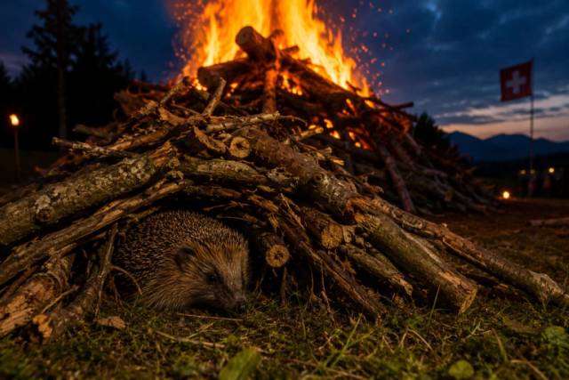 Ein scheinbar harmloser Holzstoss wird für Igel und andere Wildtiere oft zum sicheren Unterschlupf – und am Nationalfeiertag zur tödlichen Falle.