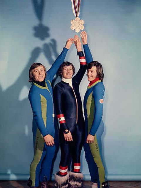 Collombin, Klammer und Russi greifen nach einer Goldmedaille bei der Ski-WM 1974. Siegfried Kuhn © StAAG/RBA